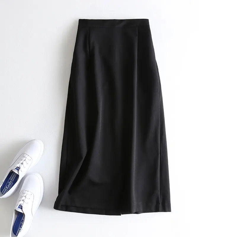 Осенние женские однотонные юбки с эластичной высокой талией трапециевидные юбки женские офисные женские юбки сплит элегантная юбка макси цвета хаки - Цвет: Черный