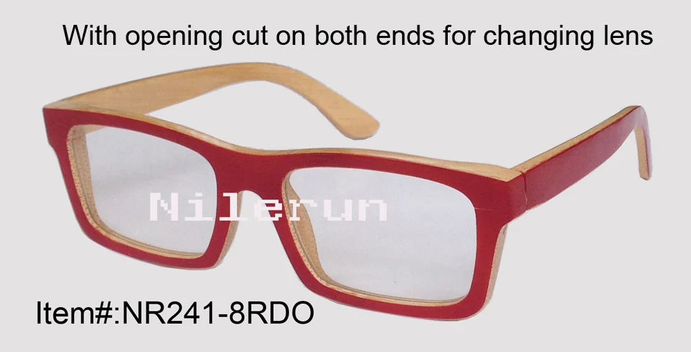 

rectangle red bamboo optical spectacles with opening cut for changing lens