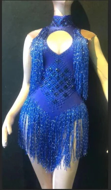 4 цвета блестящие стразы купальник с кисточками для ночного клуба танец DJ шоу сценическая одежда облегающий Костюм Стретч вечерние женские Одежда для пения - Цвет: Синий