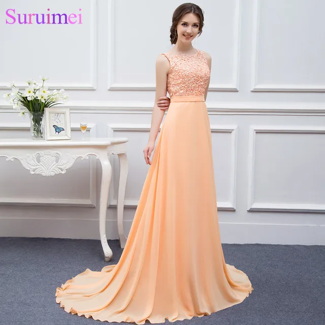 Free Shipping High Quality Back Chiffon Lace Long Peach Color High Quality Back Chiffon Lace Long Peach Color Bridesmaid Dress Brides Maid