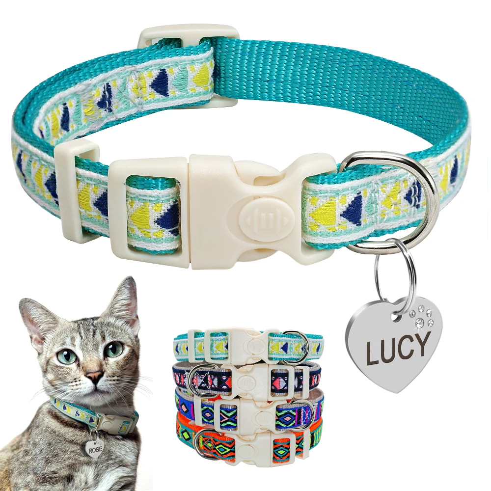New Cat Collar Personalized Kitten Cats Collars With Engraved Tag Cute Heart Shape Pet ID Tags For Cats Small Dogs Safety Buckle
