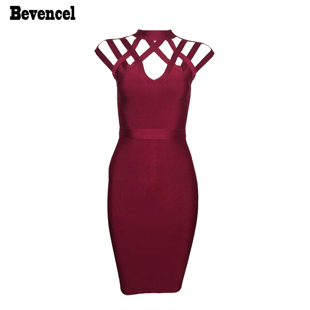 

Bevencel 2019 New Arrival Women Bandage Dresses Sleeveless O Neck Straps Cross Hollow Out Chic Stretch Celebrity Party Dresses