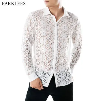 

Fancy Flower Embroidery Lace Shirt Men 2018 Brand New Sexy See Through Mens Dress Shirts Club Party Event Wedding Shirt For Male