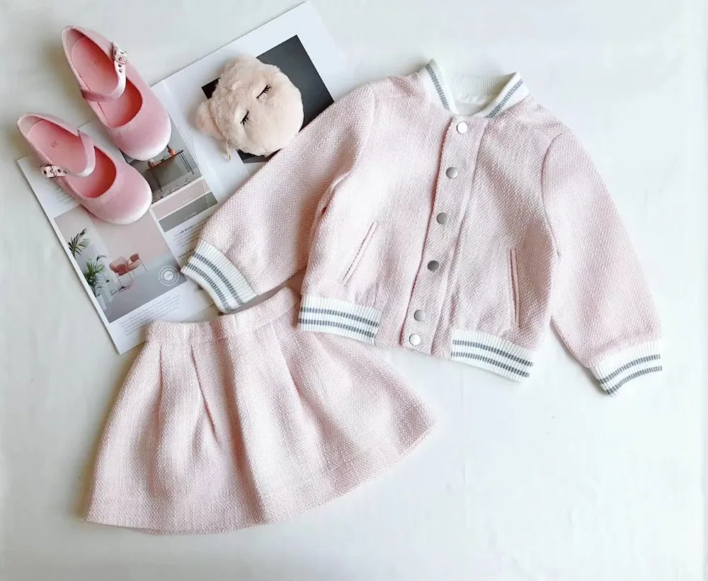 

Baby girls clothing set pink spring autumn clothes set jacket +skirt 50 wool boutique kids costume