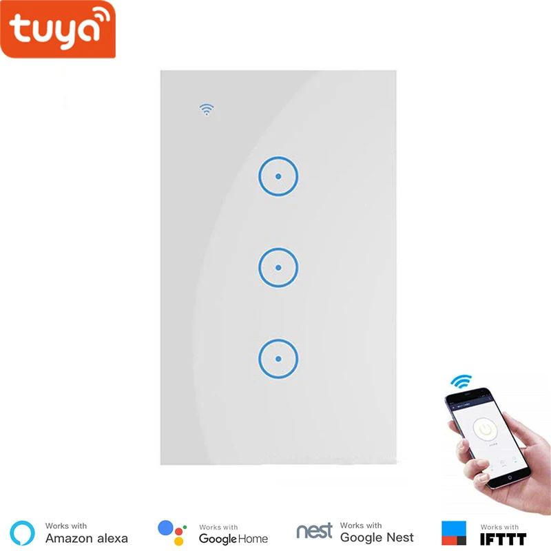 Смарт-приложение Tuya, Wi-Fi, пульт дистанционного управления, переключатель 1/2/3, сенсорный настенный светильник, переключатель, панель из закаленного стекла, работает с Alexa, Google Home - Комплект: US 3 gang