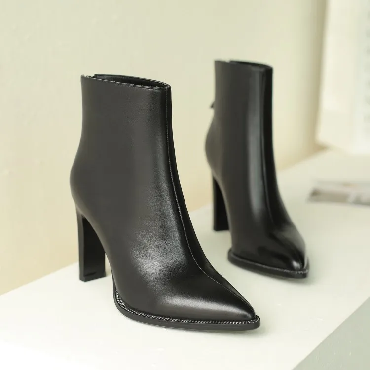 

2019 Fashion Women's Autumn Statement Ankle Boots Black Genuine Leather Pointed Toe High Heel Office Lady Shoes