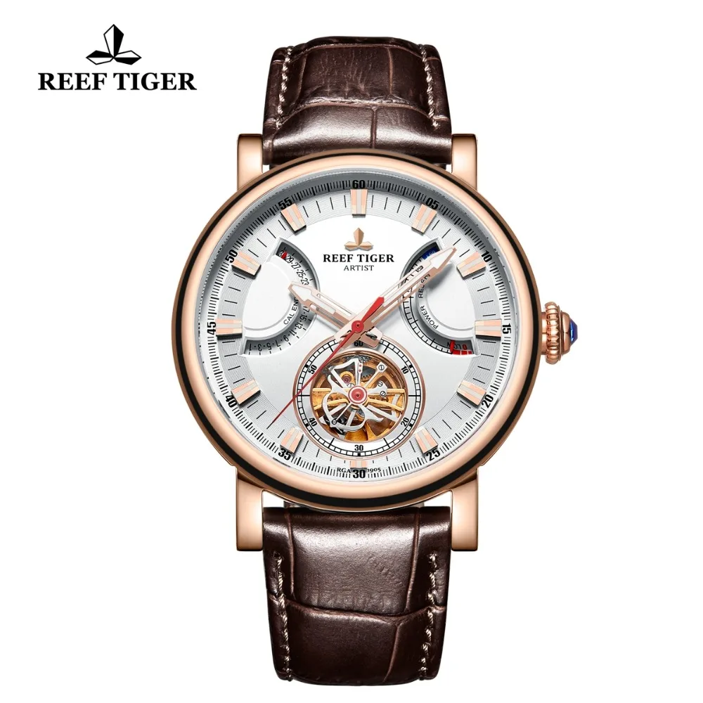 Мужские автоматические часы Reef Tiger/RT с белым циферблатом и кожаным ремешком