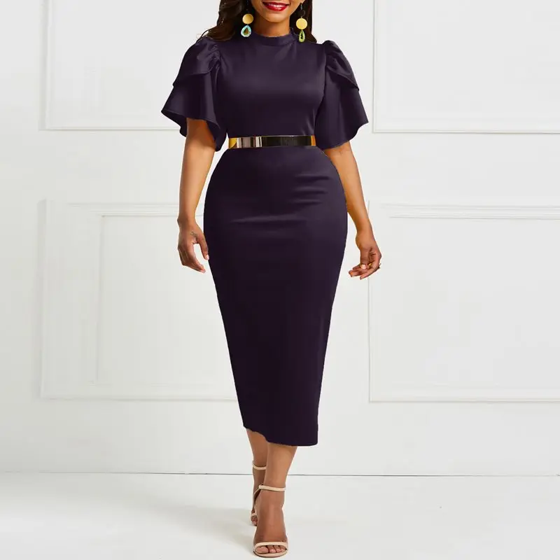 

Elegant Vintage Summer Office Ladies Purple Plus Size Party Women Midi Dresses Bodycon High Waist Falbala Plain Female Dress