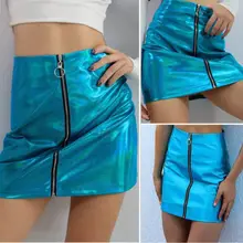 Женская короткая мини-юбка из искусственной кожи с завышенной талией, юбка в полоску, сексуальная молния