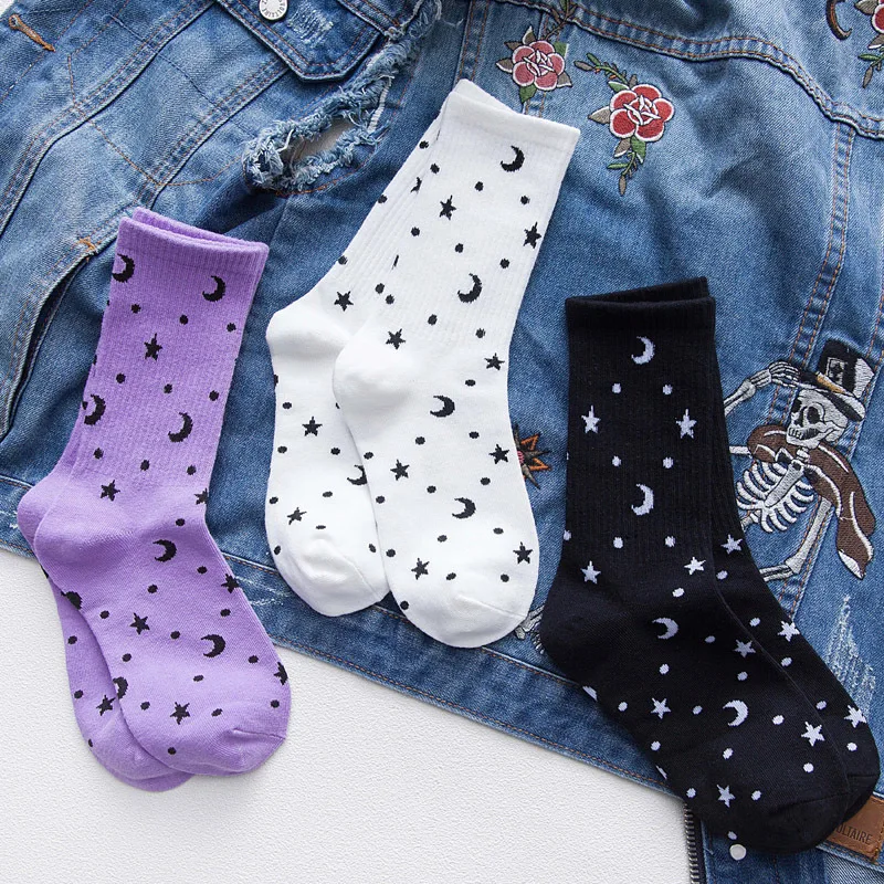 PEONFLY/Модные женские повседневные носки с буквенным принтом; Новинка; носки с Луной и звездами; фиолетовые, белые, черные носки в стиле Харадзюку; дышащие хлопковые носки