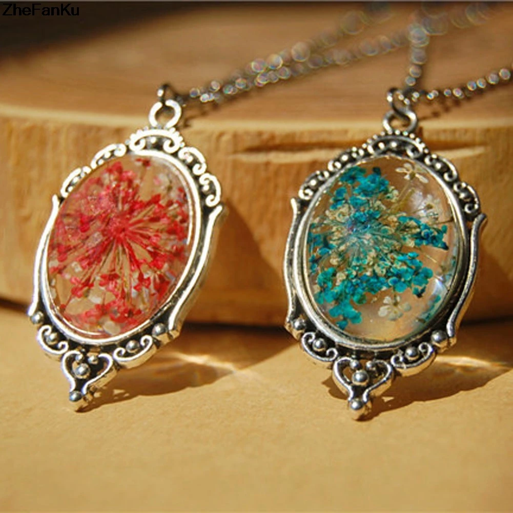

Glass Bottle Locket Necklace Antique Silver Oval Pendant Transparent Pink Dried Flower 45+5cm long,1Piece