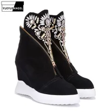Модная женская обувь; удобная женская обувь на танкетке с круглым носком на молнии; обувь с украшением в виде кристаллов; ботильоны, увеличивающие рост; Цвет Черный