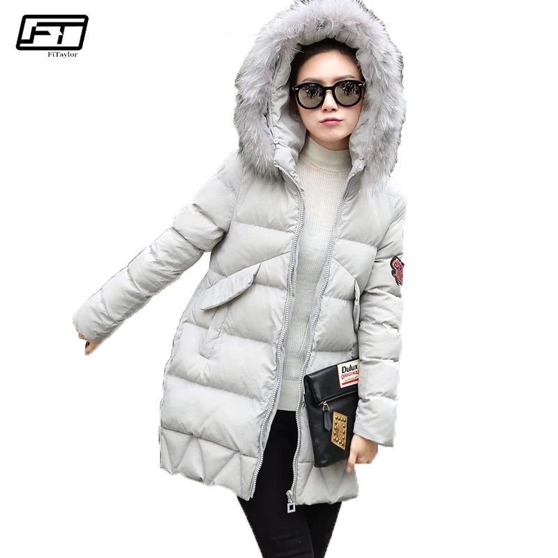 Women Winter Real Natural Raccoon Fur Collar Hooded Long