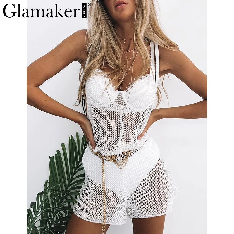 

Glamaker Black V-neck beach cover up Mesh hollow out swimwear women short jumpsuit Sexy transparent backless bikini cover-ups