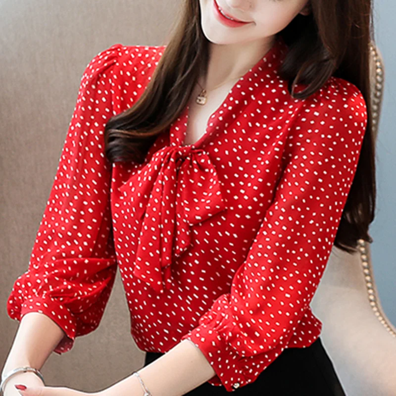 

High Quality Women Tie Bow Chiffon Blouse Shirt Fold Geometric Dot Printed Loose Woman Tops Red White Blouses 3/4 Sleeve Blusas