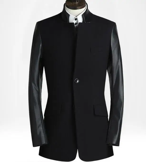 Stand collar casual woolen coat men trench coats splicing leather sleeves overcoat mens cashmere coat casaco
