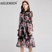 AELESEEN High Quality New Fashion Designer Dress Women's Long Sleeve Rose Printing Vintage Beach Bohemian Mid-Calf Dress Vestido