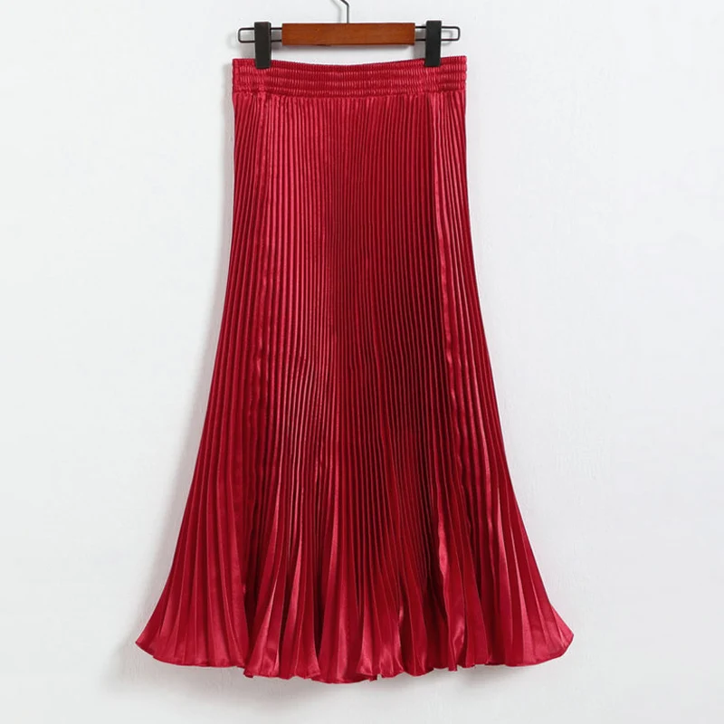Qiuxuan, яркая металлическая шелковая ткань, облегающая, эластичная, высокая талия, женские плиссированные юбки, разные цвета, Летняя женская повседневная юбка средней длины - Цвет: Red