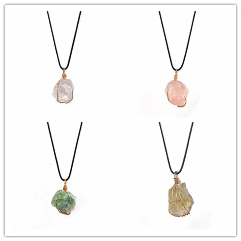 Handmade Irregular Stone Wire Wrapped Necklace Women Natural Stone Crystal Quartz Fluorite Necklaces