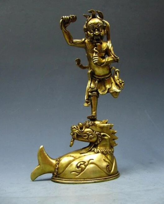 

USPS to USA S3577 Chinese myth Vintage Pure Bronze Gild Xing Kui God Statue on Dragon Fish (B0413)