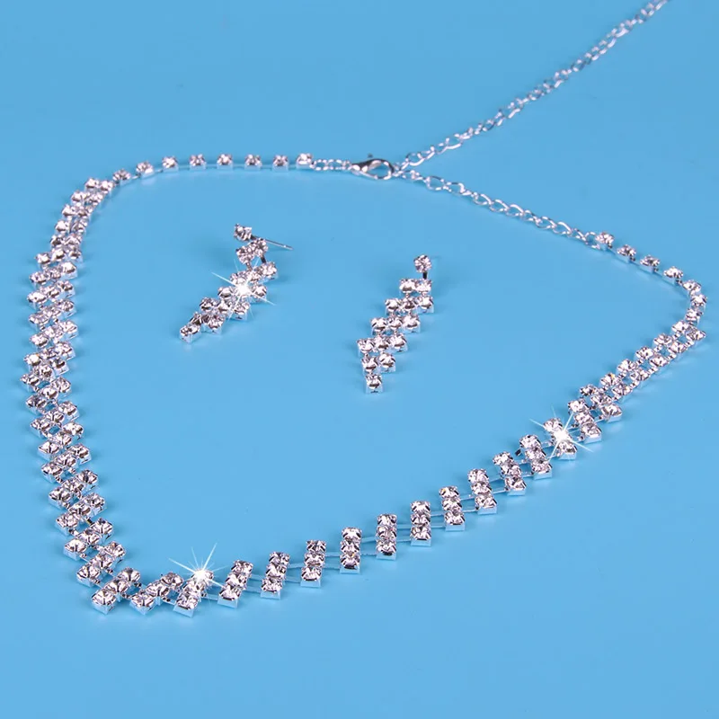 

Fashion Women Lady Clear Crystal Rhinestone Necklace and Earrings Set Suit Wedding Party Bridal Jewelry Set VL