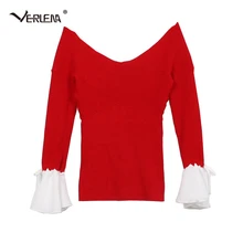 Verlena/ топы с запахом, с вырезом лодочкой, Элегантная трикотажная футболка для женщин, шифоновый с открытми плечами, топ с расклешенными рукавами, с бантом, футболка