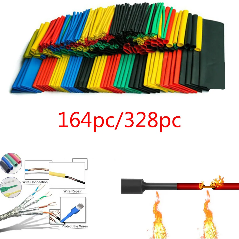 

164/328pcs Multicolor Polyolefin Shrinking Assorted Heat Shrink Tube Wire Cable Insulated Sleeving Heat Shrink Tubing Set 2:1