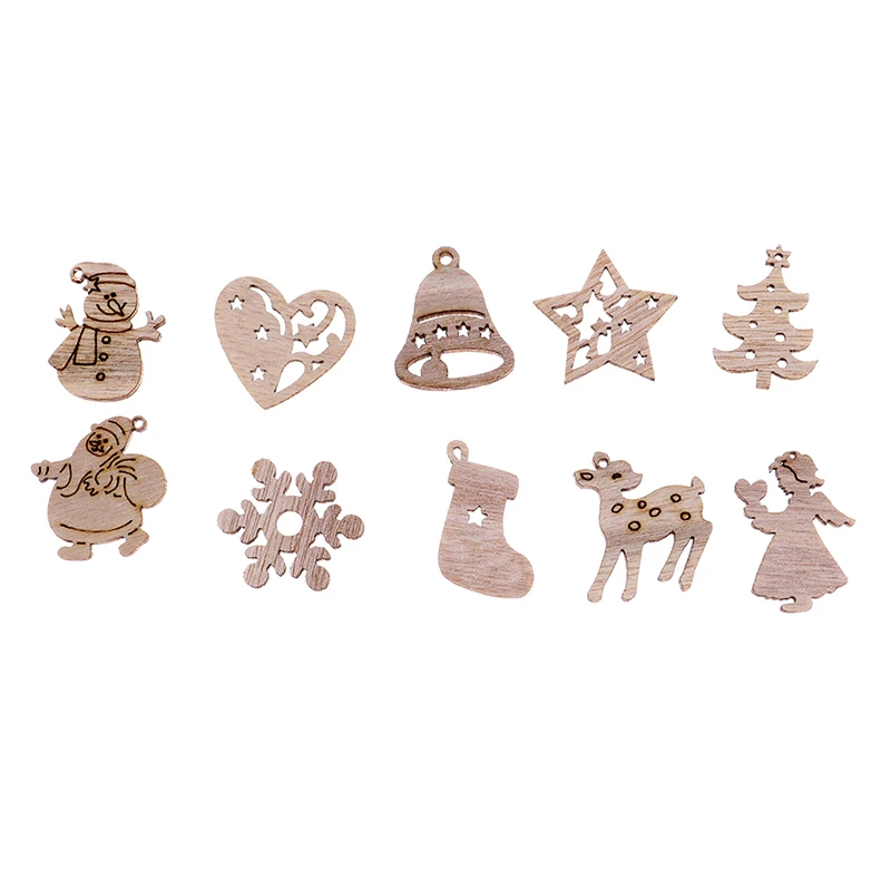 50PCS Snowman Tree Shape Xmas Ornaments DIY Natural Wooden Chip Christmas Tree Hanging Ornaments Pendant Kids Gifts Decorations