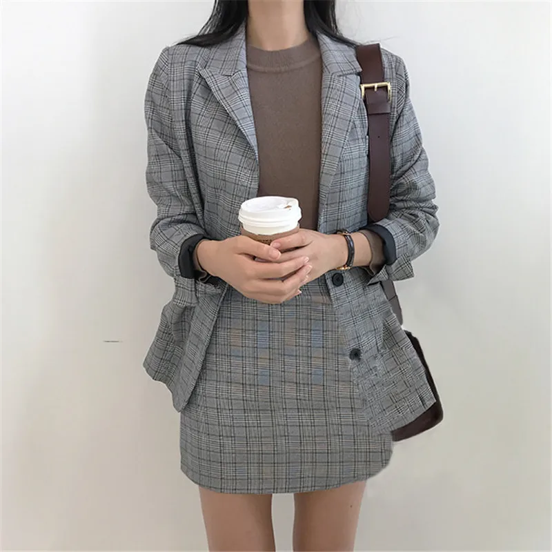 CBAFU Корейский Роскошный Блейзер, пальто, клетчатая мини-юбка, женский пиджак, костюм, женский офисный жакет, юбка с высокой талией, Женский комплект 2 шт., N899