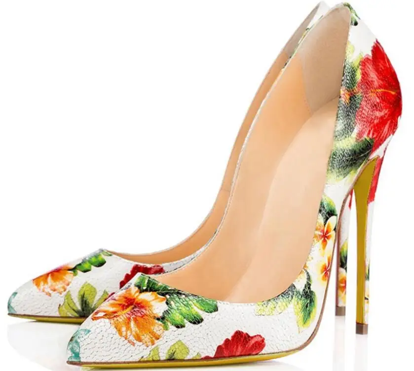 

New Spring Print Flower Pointed Toe Thin Heel Women Pumps Sexy Slip-on Snake Leather High Heels Lady Shoes Fashion Dress Shoes