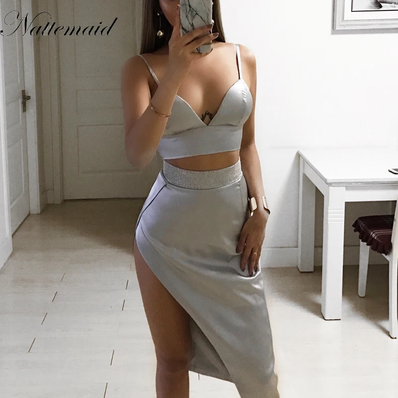 2017 Summer Casual Two piece Set Outfits Strappy Sexy Satin Crop Top Bralette and Knee-Length Skirt Women's Sets Summer Female