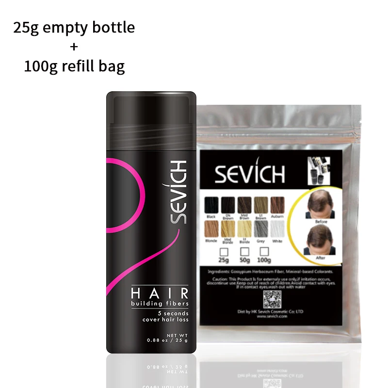 Garrafa + Servich Fibras de Construção de Cabelo Bolsa de Recarga Espessador de Cabelo Queda de Cabelo Vazio Mais Completo 10 Cores 25g 100g