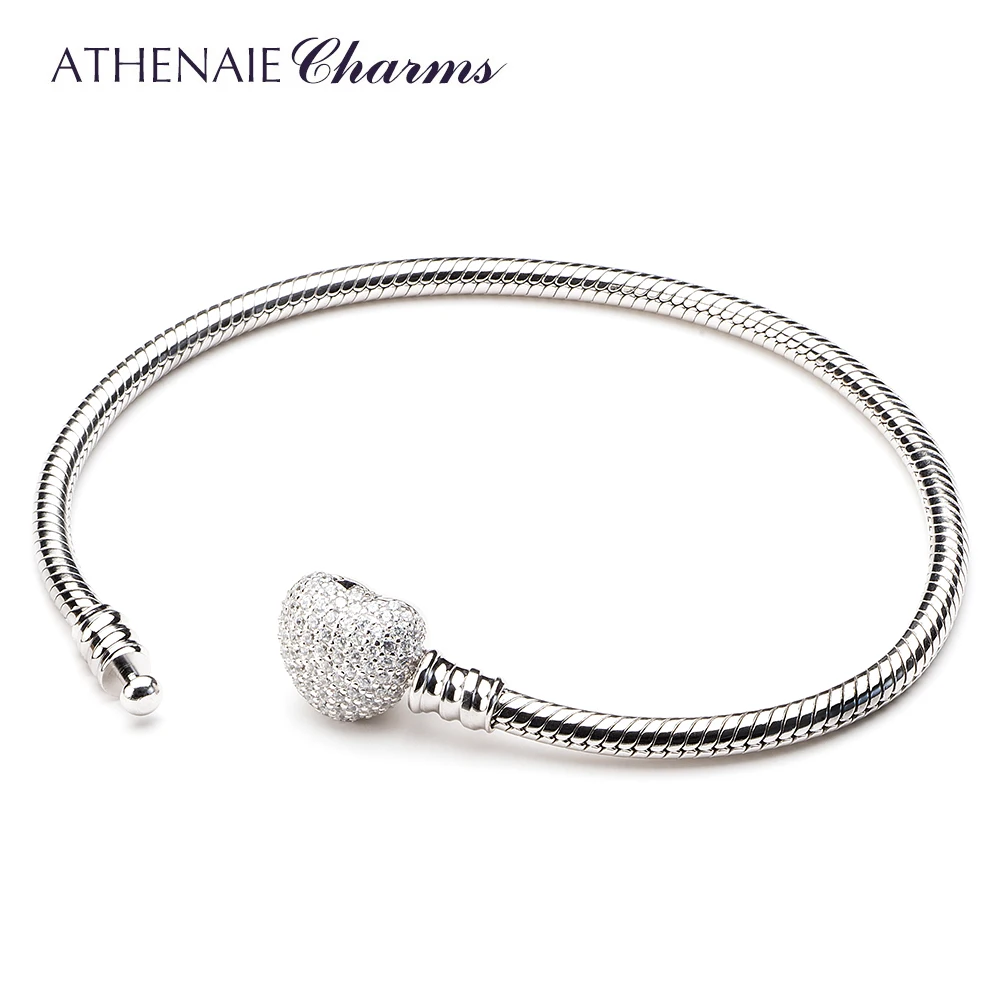 ATHENAIE 925 Sterling Silver Snake Chain With Pave Clear CZ Heart Clasp Bracelet Fit All European Charm Beads Christmas Jewelry