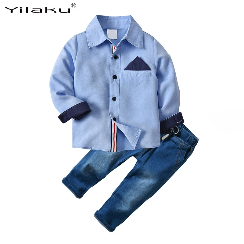 Yilaku/Модный комплект детской одежды, рубашка с длинными рукавами+ джинсовые штаны комплект одежды для маленьких мальчиков 2-6 лет, одежда для мальчиков, синий цвет, CF569