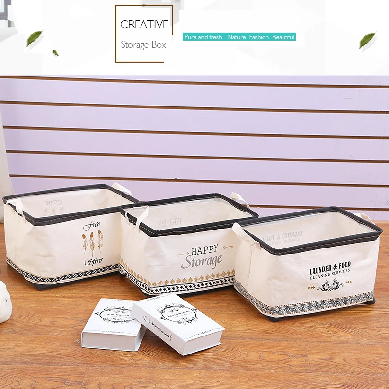 

Cute Printing Canvas Desktop Storage Basket Waterproof Organizer Cotton Linen Sundries Storage Box Cabinet Underwear Storage Bag