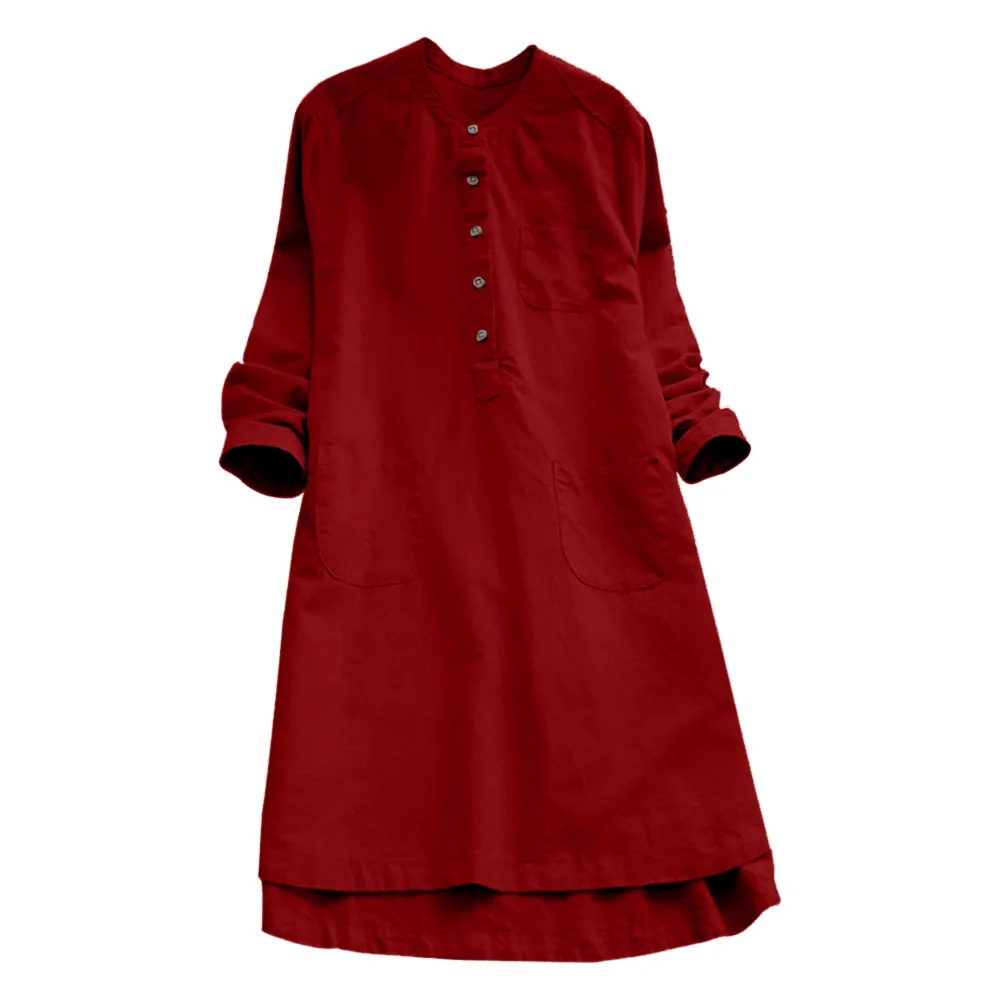 Весеннее женское платье в стиле ретро с длинным рукавом, свободные повседневные топы на пуговицах, блузка, платье-рубашка, модное винтажное свободное платье vestidos#3 - Цвет: red