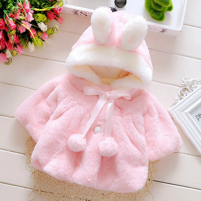 0-4T Baby Girl Coat Imitation Rabbit Fur Ear Shawl Wool Hooded Cartoon Warm Thick Pink White Blends Top