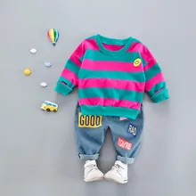 Одежда для маленьких мальчиков; пуловер в полоску со смайликом; комплект из топа и штанов с буквенным принтом; повседневная одежда для девочек; одежда для детей