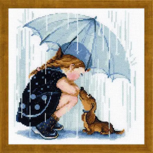 cs-2940 Cross Stitch Kit Girl and Puppy Dog Doggy in Rain Love under the Umbrella