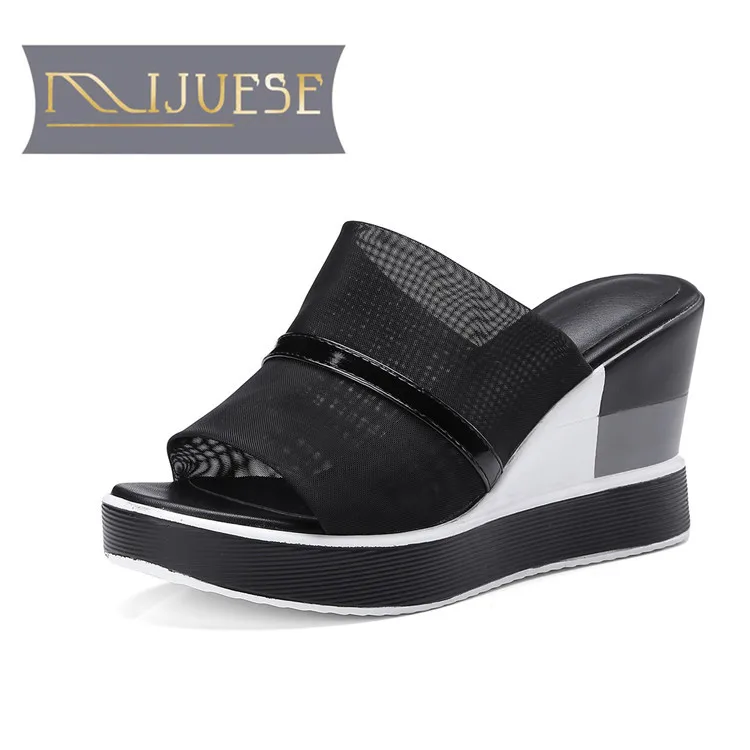 

MLJUESE 2018 women sandals Genuine leather+Net Black color slip on platform high heels wedges pumps women size 34-43