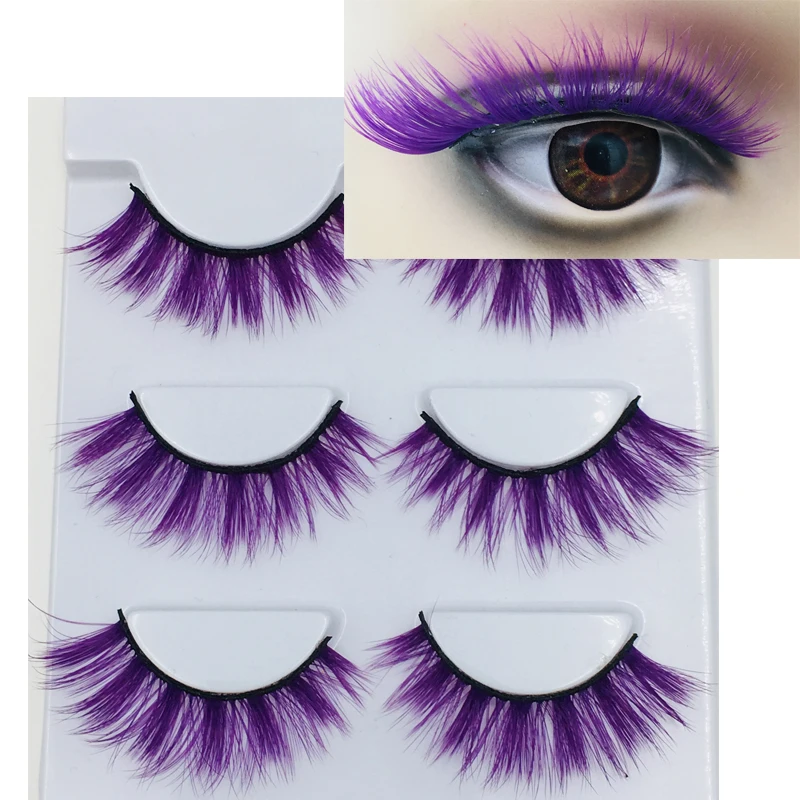

2019 New 3 pairs purple color false eyelashes fake lashes long makeup 3d mink lashes extension eyelash mink eyelashes for beauty