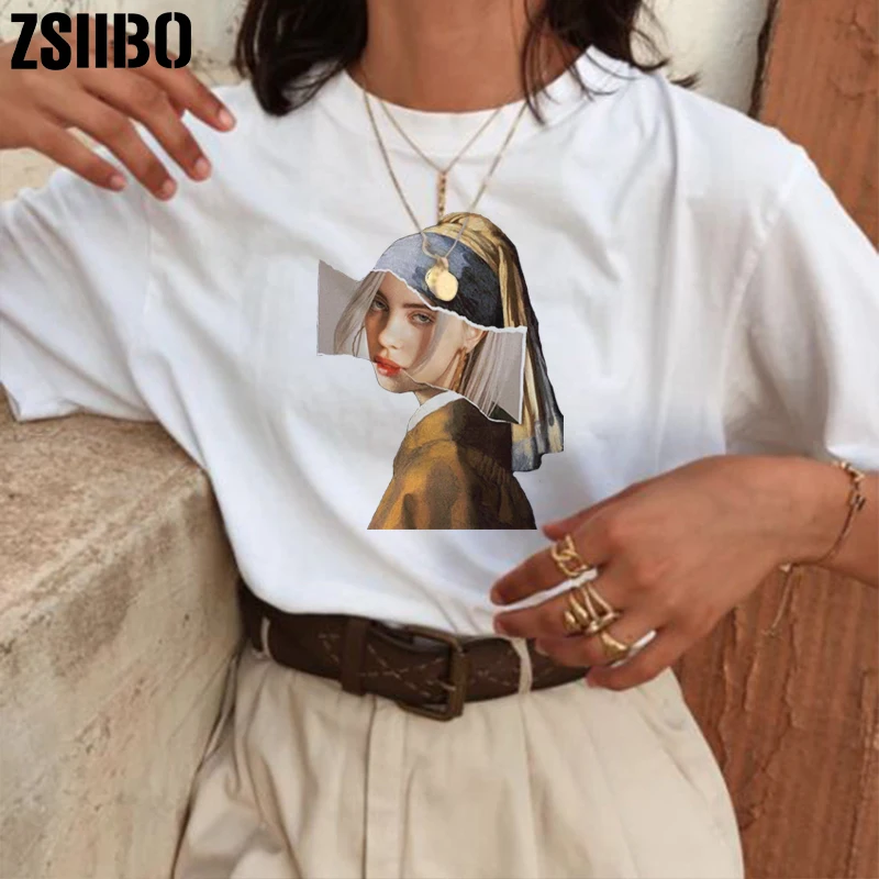 

ZSIIBO 2019 New Summer Shirts O-neck Short Sleeve Casual Mona Lisa print T-shirt spoof personality Harajuku casual loose