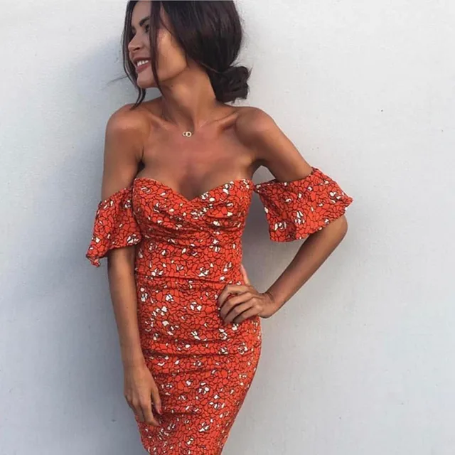 Sexy Strapless Off Shoulder Ladies Bodycon Party Dresses Women Summer 2017 Backless Print Orange Club Bandage Pencil Dress