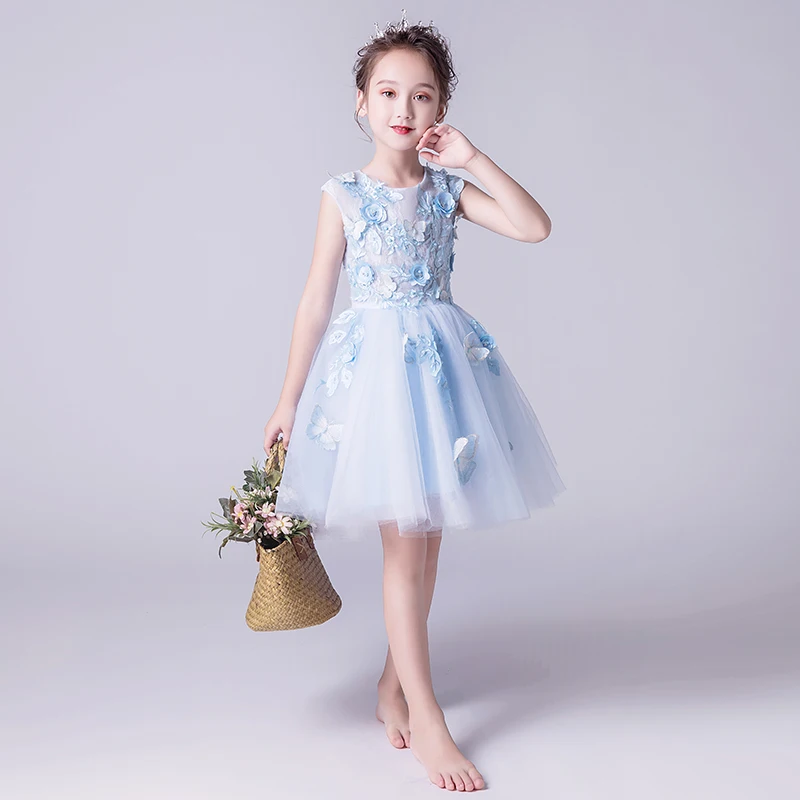 

light Blue Tulle Prom Flower Girl Dress for Wedding Party Children Birthday Dress Floral Baby Baptism First Communion Gown
