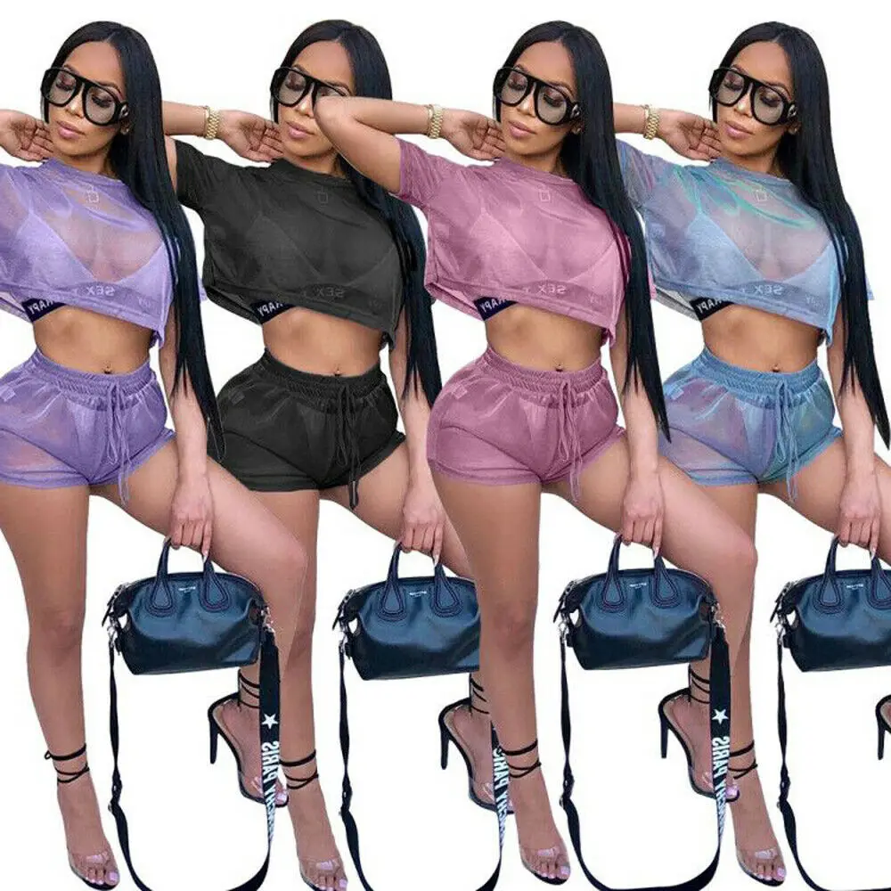 

Women 2 Piece Hollow Mesh Crop Top Shorts Set Ladies Summer Bikini Cover Up Chiffon See-Through Swimwear
