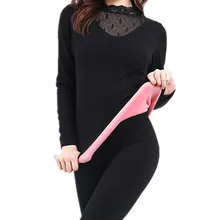 Зимний бархатный толстый второй женский тепловой кожи Модный сексуальный кружевной водолазка термобелье для женщин тонкий базовый теплый костюм