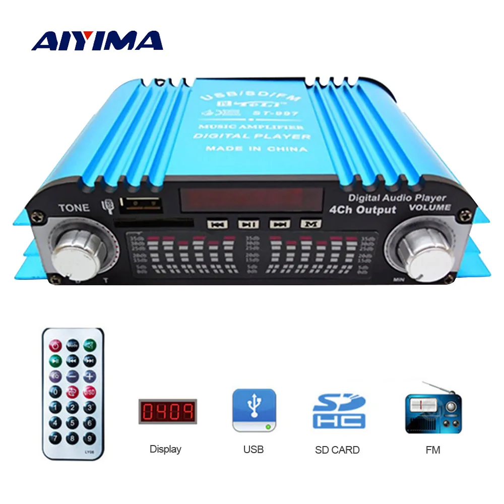 

Aiyima 12V Digital Car Amplifier Hi-Fi 4 Channel Car Audio Amplifier Support TF Card USB Flash Disk Audio Player Home Theater