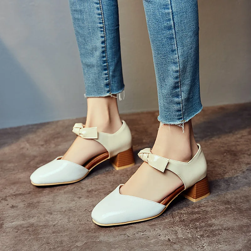 

YMECHIC Fashion Lolita Bow Med Chunky Heels Knot Black White Brown Women High Heels Shoes Large Sizes Summer 2019 Pumps Woman