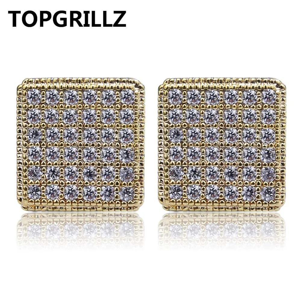 

TOPGRILLZ Gold Silver Color Iced Out Cubic Zircon 8mm Square Stud Earring Men Women Trend Jewelry Gifts With Screw Back Buckle