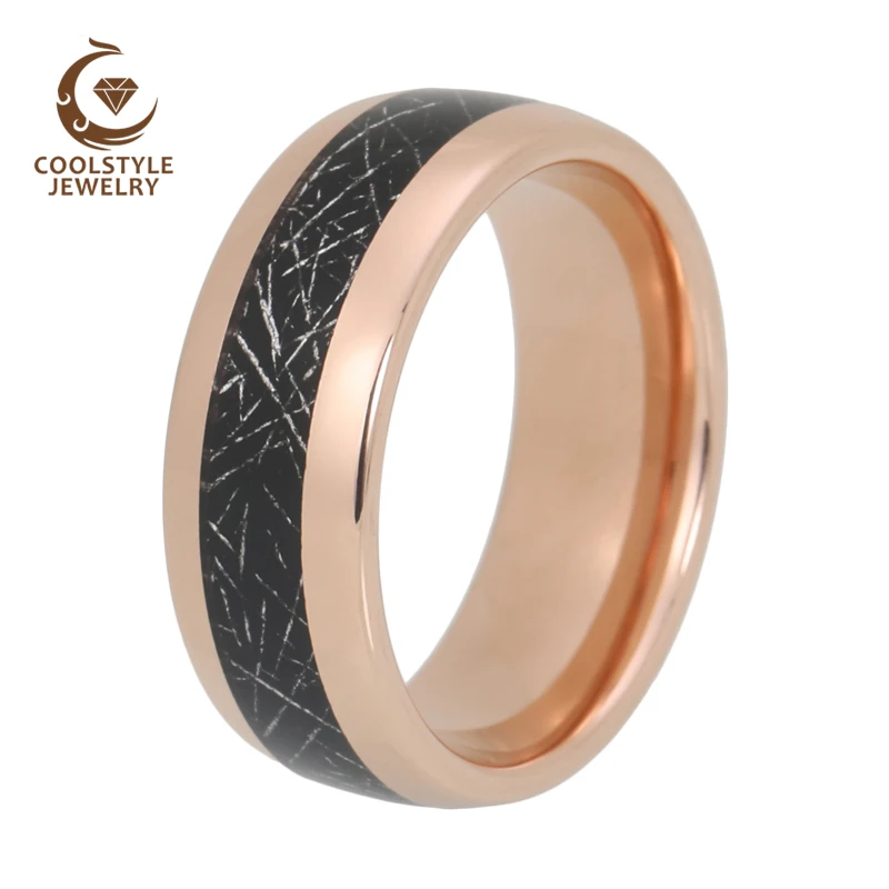

Men Women Rose Gold Tungsten Ring Domed Polished Finished With Black Meteorite Inlay Comfort Fit